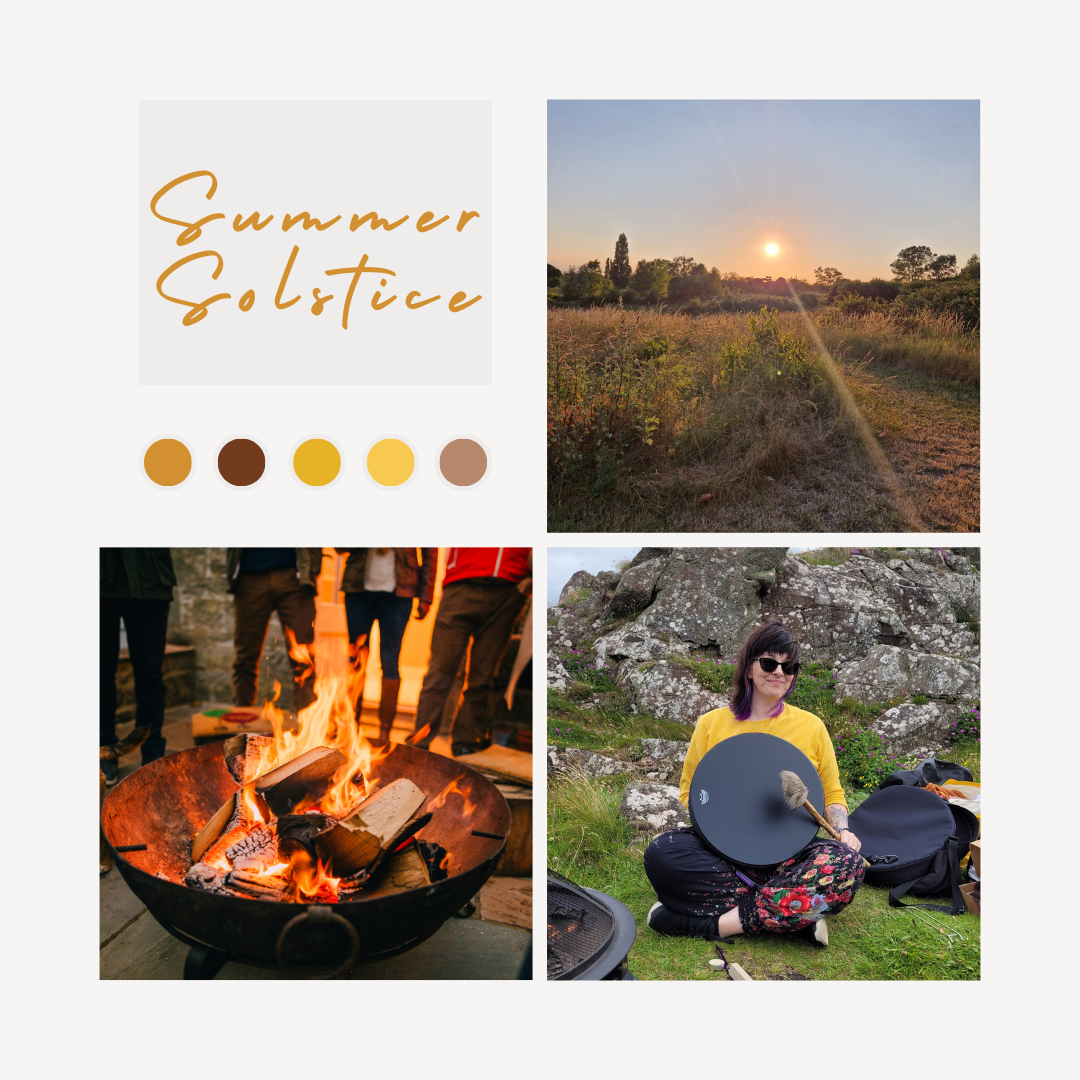 Moodboard showing a campfire, sunset, and woman playing a drum