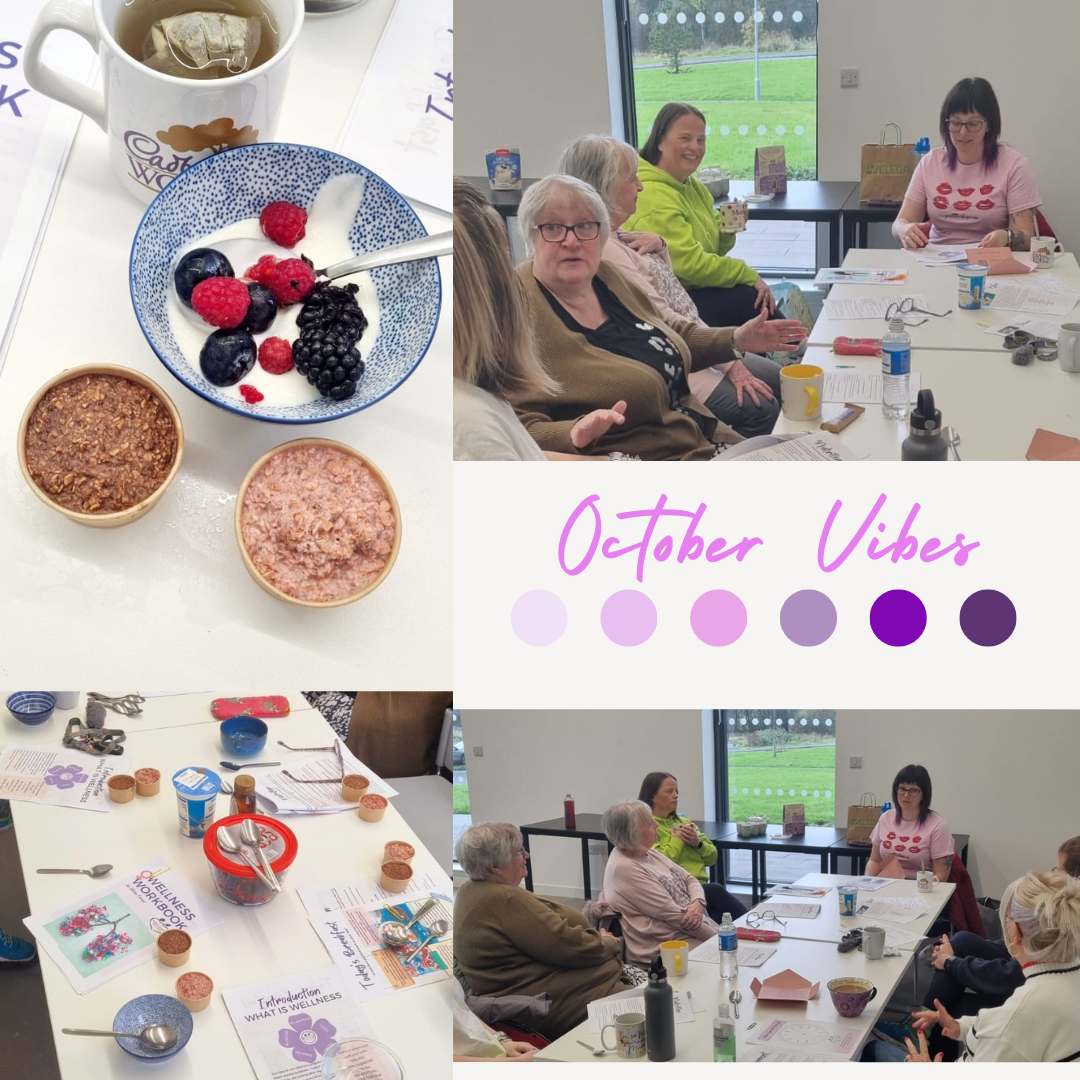 Images from Women's Health Workshop with women gathered around a table and workbooks, and a healthy breakfast