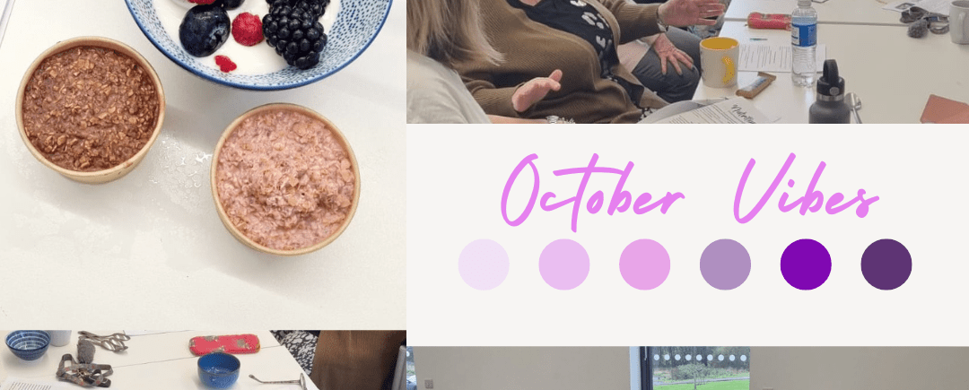 Images from Women's Health Workshop with women gathered around a table and workbooks, and a healthy breakfast