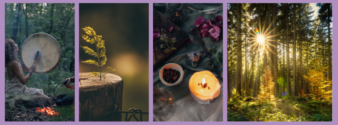 4 images. A woman drumming, a new shoot on a tree stump, a lit candle surrounded by flower petals, sun streaming through a forest scene.